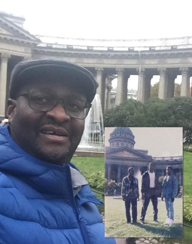 Ben recreating a photo taken outside the Kazan Cathedral 29 years previously